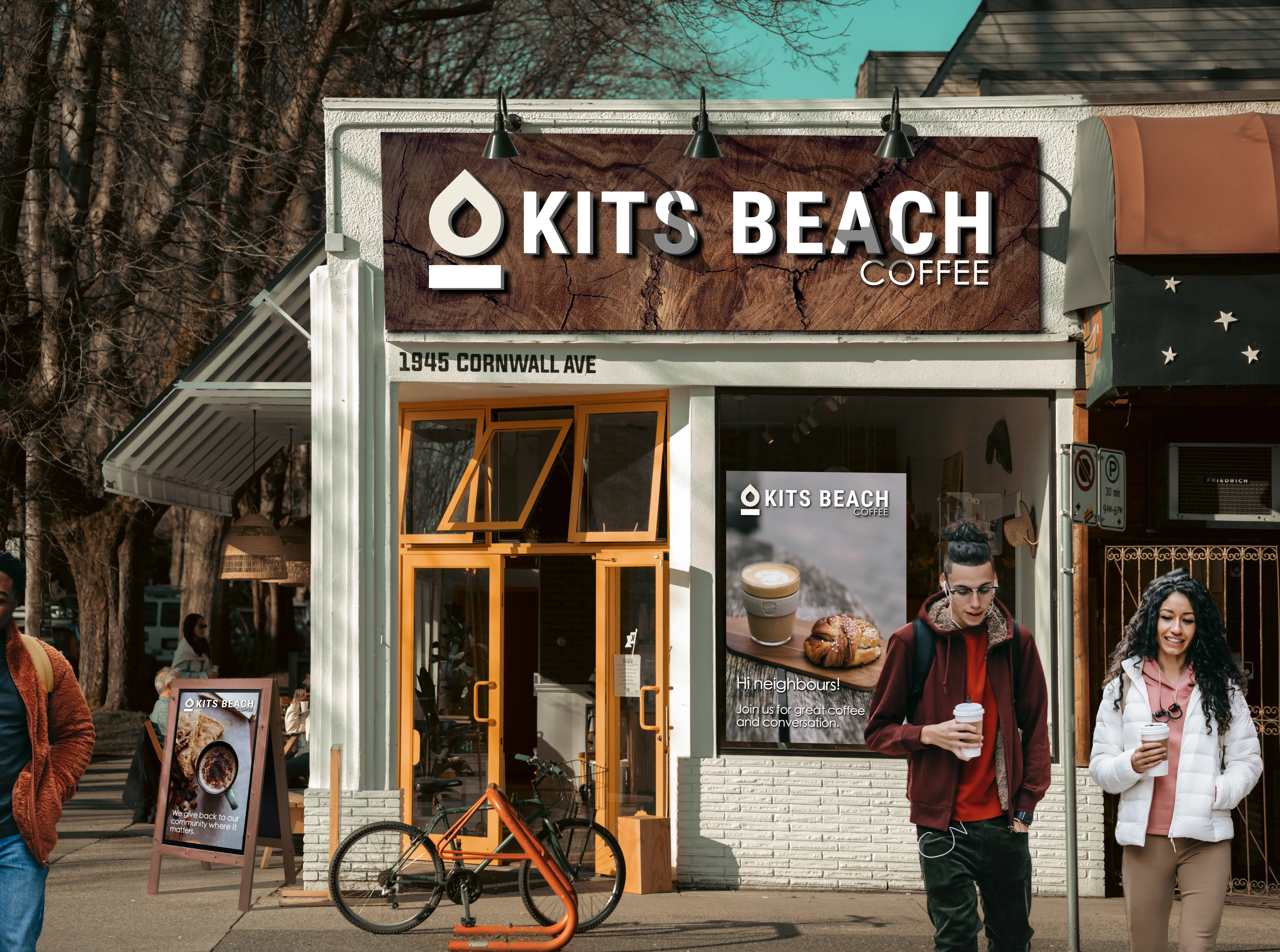 Personal brand mockup for Kits Beach Coffee with updated signage and promotional graphics