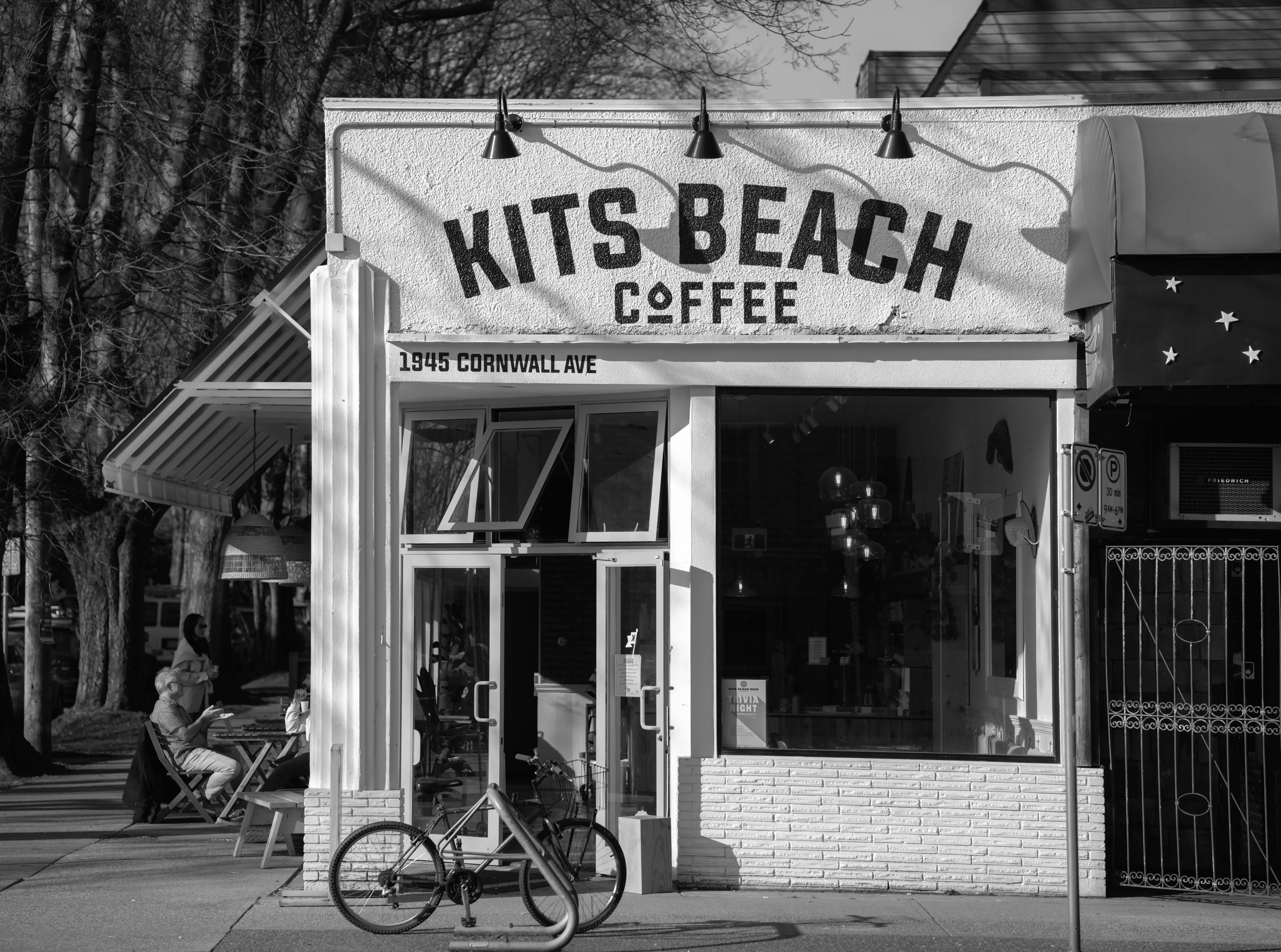 Original Kits Beach Coffee storefront in black and white