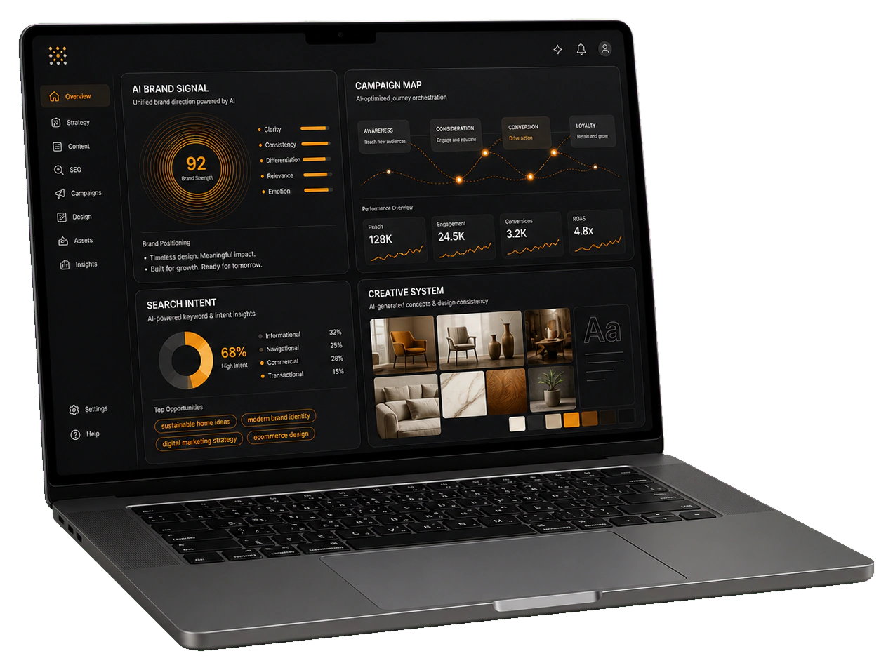 Realistic laptop mockup showing AI assisted branding and marketing dashboard