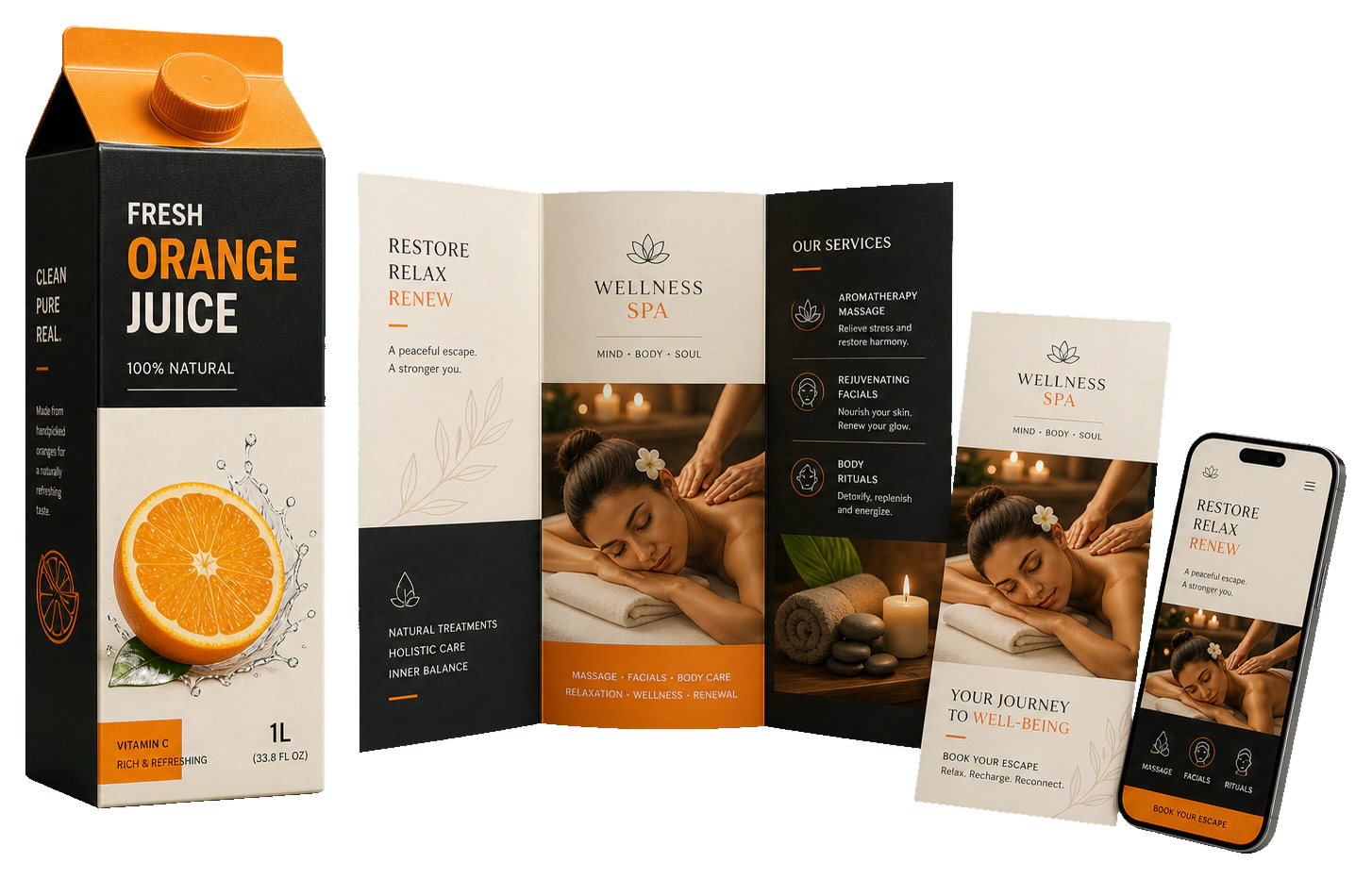 Realistic orange juice packaging wellness brochure and mobile brand collateral mockups