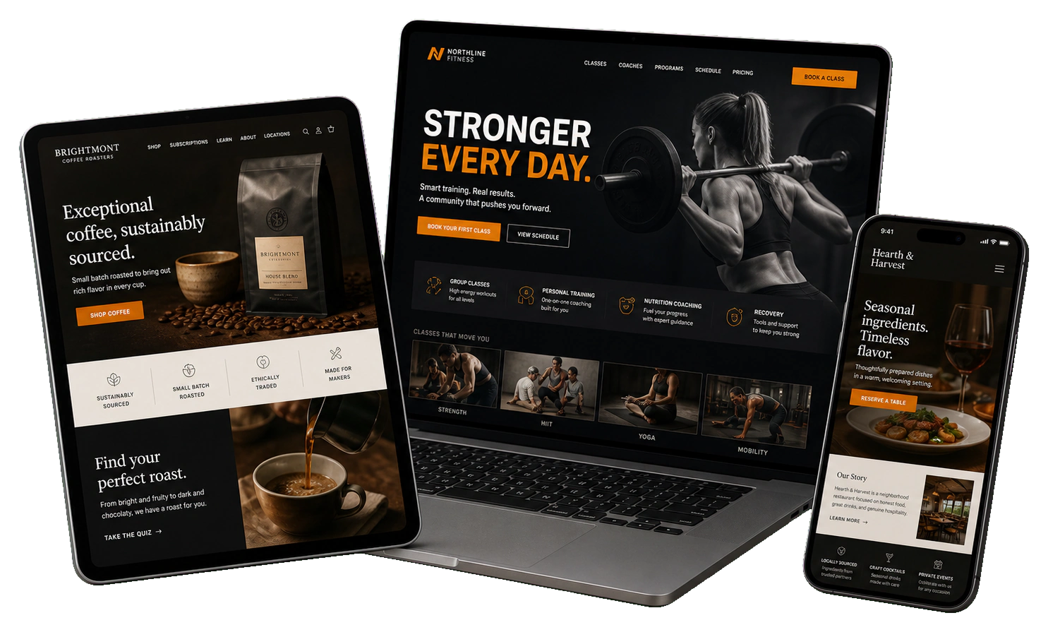 Realistic laptop tablet and phone website mockups for fitness coffee and restaurant brands
