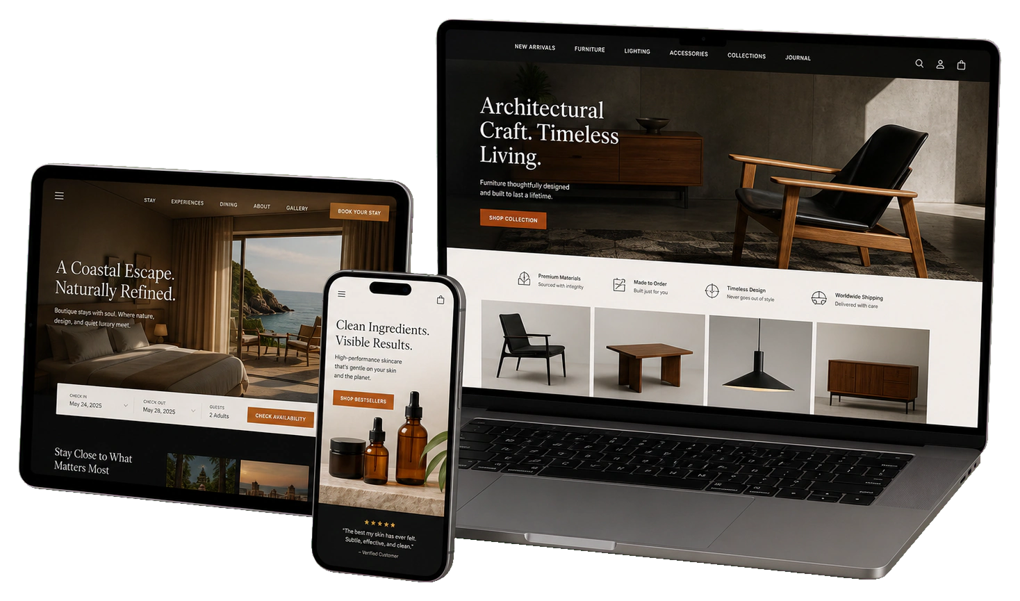Realistic laptop tablet and phone website mockups for hospitality furniture and skincare brands