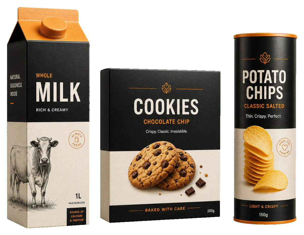 Realistic milk cookie box and potato chip canister packaging mockups