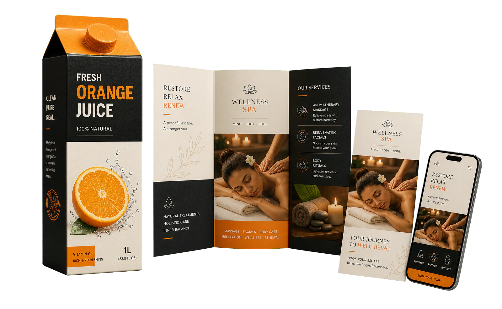 Realistic orange juice packaging and spa brochure brand collateral