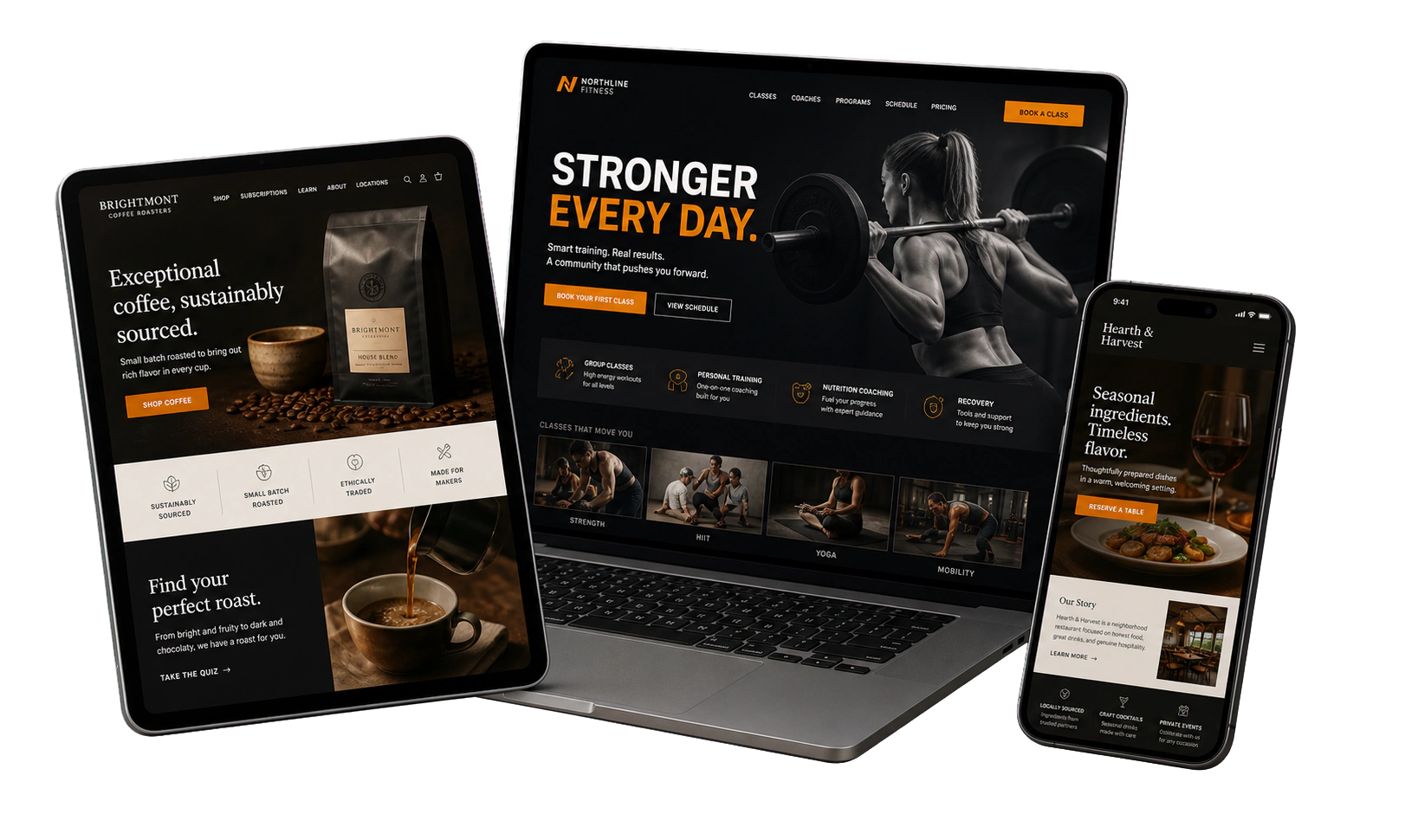Realistic marketing websites on laptop tablet and phone