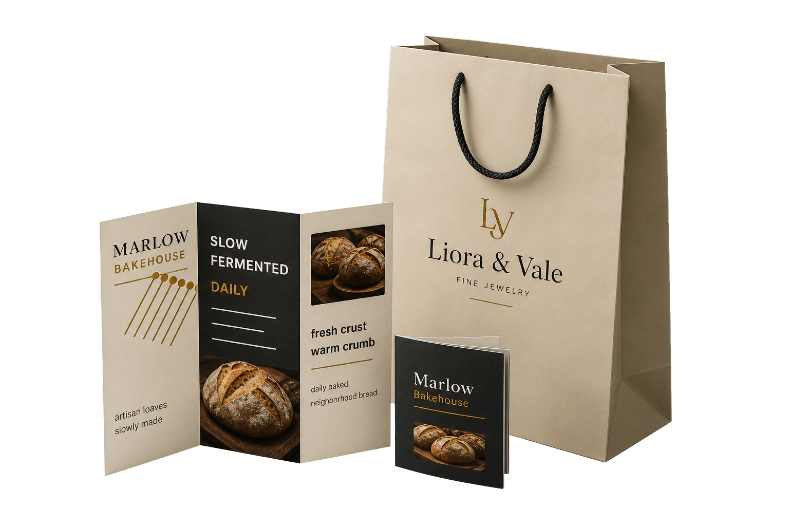 Bread company brochure and jewelry store paper bag visual
